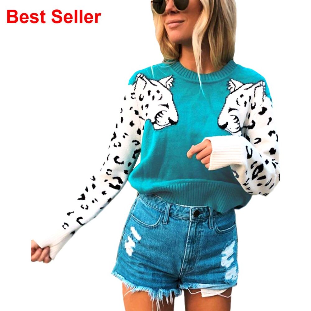 Women's Casual Long Sleeve Crew Neck Leopard Print Knitted Pullover Sweater